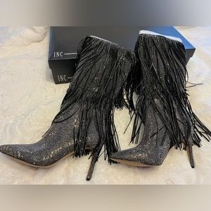 INC Ishani black MC fringe sparkle knee high boots.  New, never worn.